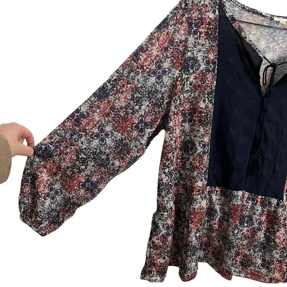 Kate & Sam Floral Blouse 2X Semi Sheer Tassles Navy Blue Red White Peplum Top - Picture 3 of 9